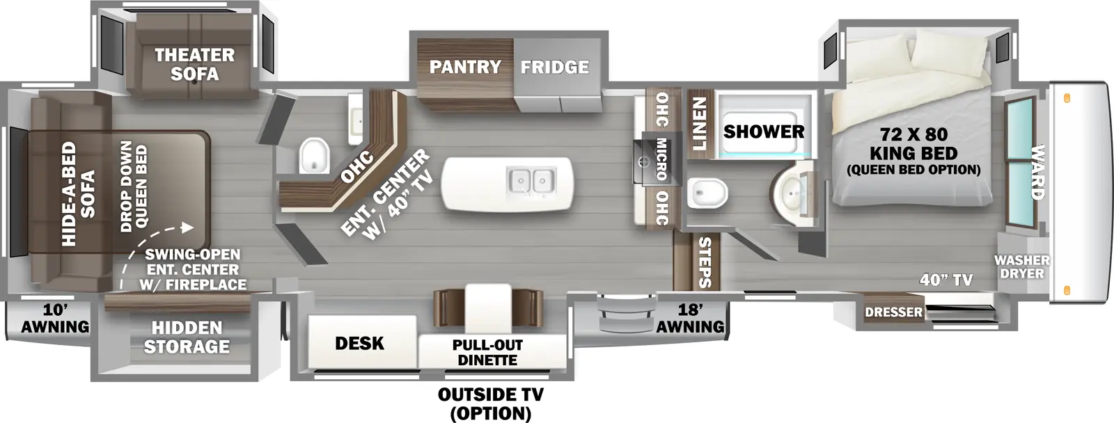 The 442MC has 6 slideouts and one entry. Exterior features an 18 foot awning and and optional outside TV. Interior layout front to back: wardrobe with washer/dryer, off-door side king bed slideout (optional queen bed), and door side slideout with dresser and TV; off-door side full bathroom with linen closet; steps down to main living area and entry; kitchen counter with cooktop, microwave, and overhead cabinets along inner wall; kitchen island with sink; off-door side slideout with refrigerator and pantry; door side slideout with pull-out dinette and desk; angled entertainment center with TV along inner wall; rear room with half-bath, off-door side theater sofa slideout, door side slideout with hidden storage behind a swing-open entertainment center with fireplace, and rear hide-a-bed sofa with drop down queen bed.